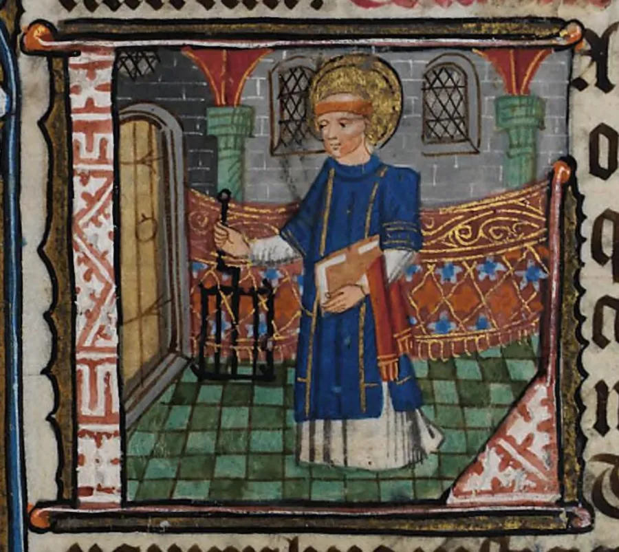 Der heilige Laurentius von Rom in einem Stundenbuch des 14. Jahrhunderts.