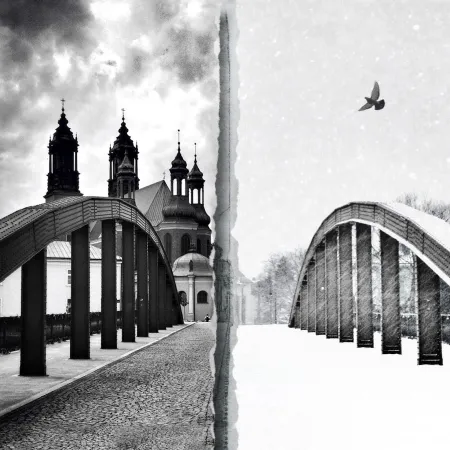 Einer der Geburtsorte des Katholizismus in Polen: Die Kathedrale von Posen, gesehen von der roten Brücke im Sommer und Winter