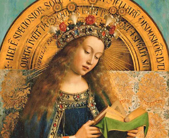 Die Jungfrau Maria (Detail) auf dem Genter Altar, gegen 1430 von Jan van Eyck geschaffen.
