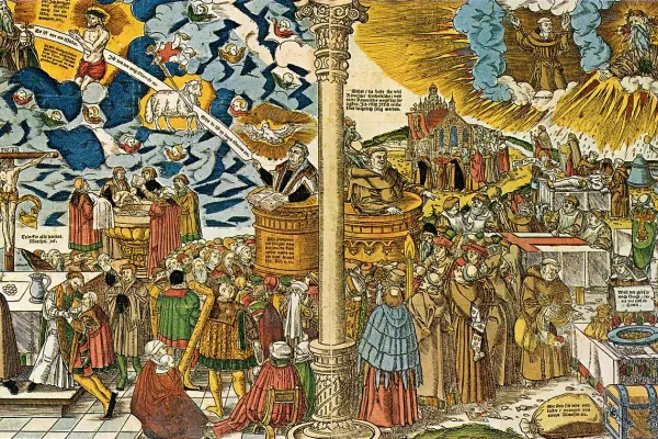 Lucas Cranach der Jüngere schuf den Holzschnitt "Die wahre Religion Christi und die falsche Lehre des Antichristen" im Jahr 1545 / Wikimedia (CC0)