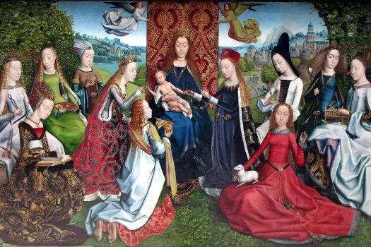Virgo inter Virgines: Das Gemälde zeigt die Jungfrau Maria umgeben von heiligen Jungfrauen. Geschaffen hat es der Meister der Lucialegende um 1500. / Königliche Museen der Schönen Künste / Wikimedia (CC0)