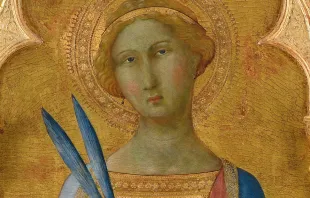 Die Heilige Corona, dargestellt vom Meister des Palazzo Venezia, um 1350 (Ausschnitt). / Wikimedia (CC0) 