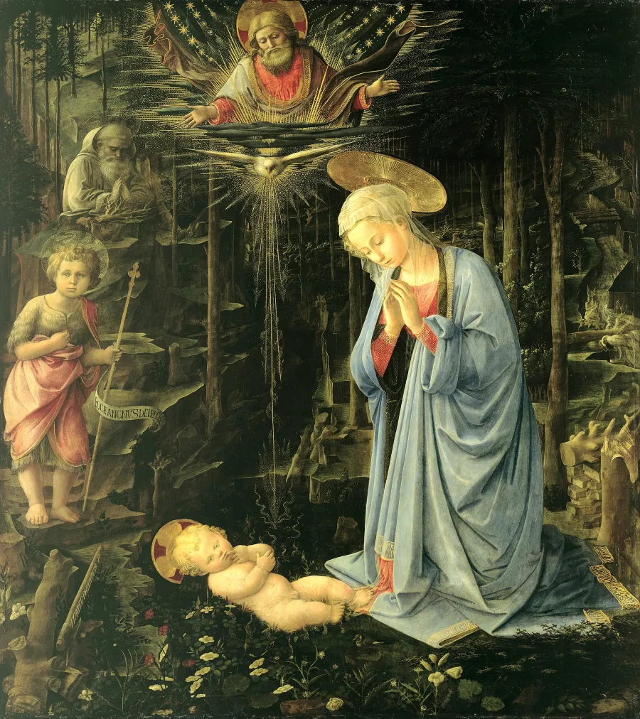 Die Anbetung im Walde von Pater Filippo Lippi (ca. 1459) hängt heute in der Gemäldegalerie Berlin.