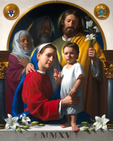 Die offizielle Ikone des Weltfamilientags 2015, gemalt von Neilson Carlin. Der gebürtige Protestant wurde katholisch, nachdem er sich zur Kunst der Kirche hingezogen fühlte.