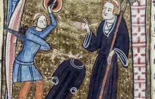 Der Apostat: Detail einer Illustration, die einen ehemaligen Mönch mit Tonsur zeigt, dessen geistliches Gewand am Boden liegt, während er mit Schwert und Schild vor dem Abt steht. / James Le Palmer / British Royal Library (CC0) 