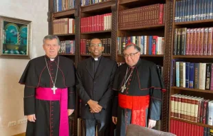 Der neue Erzbischof von Sarajevo Vuskic, Monsignore Medina Blanco und Kardinal Puljic bei der Bekanntgabe der Nachfolge im Erzbistum Sarajevo, 29. Januar 2022 / KATOLIČKI TJEDNIK