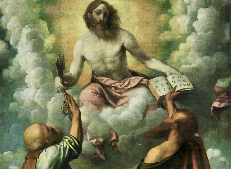 Jesus gibt Petrus die Schlüssel und Paulus das Buch der Glaubenslehre: Gemälde von Moretto da Brescia, um 1540 
