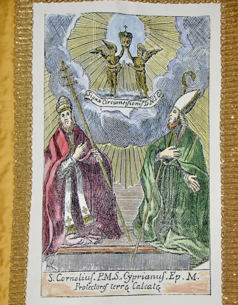 Die Darstellung des Reliquiars mit der Heiligen Vorhaut auf einer Prozessionsfahne.