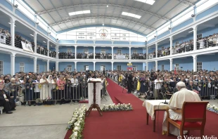 Papst Franziskus spricht zu Priestern, Ordensleuten und Seminaristen in Trujillo, Peru am 20. Januar 2018. / Vatican Media / CNA 