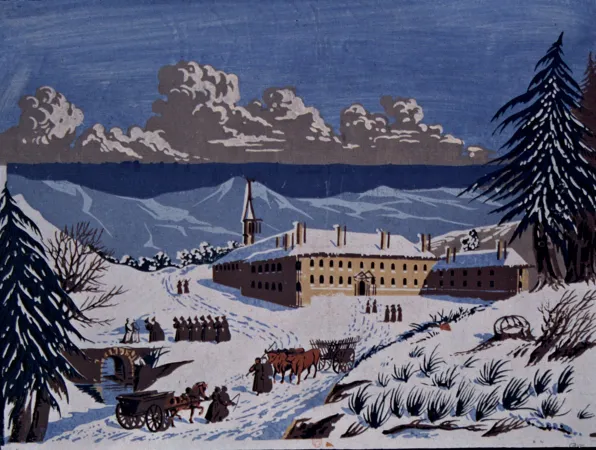 Werbeplakat des Jahres 1862 mit dem Kloster, als noch Arnika-Tinkturen der Abtei verkauft wurden.