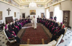 Deutsche Bischöfe beim Treffen mit Papst Franziskus im Rahmen des Ad-Limina-Besuchs in Rom im Jahr 2015.  / L'Osservatore Romano