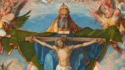 Die Anbetung der Dreifaltigkeit von Albrecht Dürer (1511) –  von oben nach unten: Heiliger Geist (Taube), Gottvater und der gekreuzigte Christus / Wikimedia (CC0) 