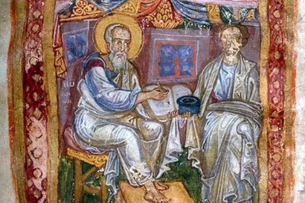 Der Apostel Johannes (links) und Markion von Sinupe (Sinop) in einer Darstellung aus dem 11. Jahrhundert. / J. Pierpoint Morgan Library / Wikimedia (CC0) 