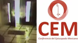 Bild einer Überwachungskamera vom Anschlag; rechts: das Log der Mexikanischen Bischofskonferenz. / ACI Prensa