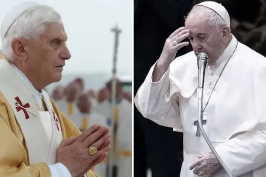 Papst emeritus Benedikt XVI. und Papst Franziskus.  / Vatican Media // Daniel Ibáñez / CNA Deutsch