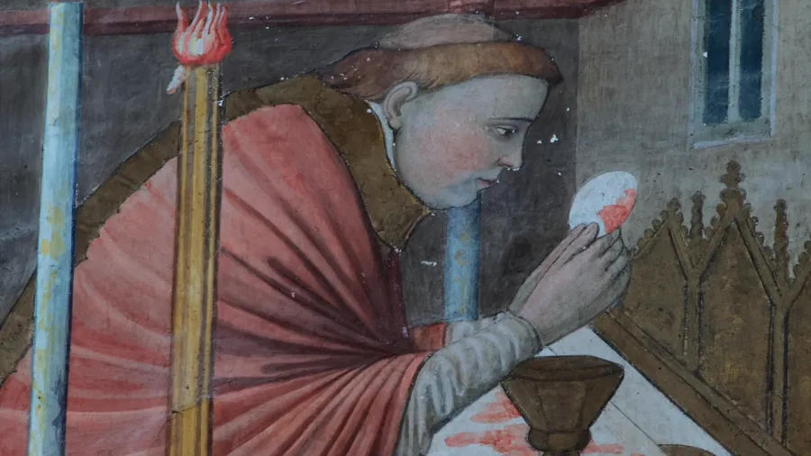 Abbildung eines Freskos aus dem Dom von Orvieto, welches das Blutwunder darstellt.