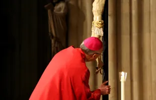 Bischof Rudolf Voderholzer küsst das Kreuz: Karfreitag im Hohen Dom zu Regensburg, 1. April 2021  / Jakob Schötz