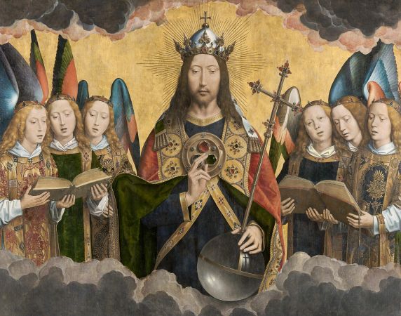 Christus, der wahre König, mit musizierenden Engeln, gemalt von Hans Memling um 1480