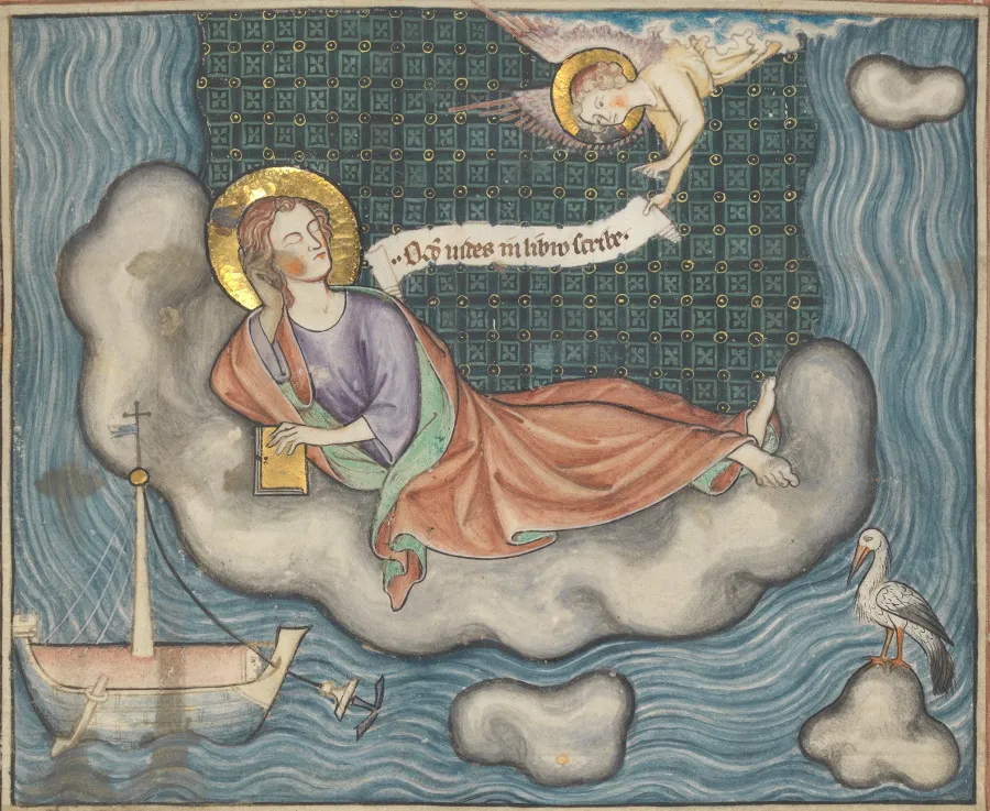 Diese Illustration der Apokalypse aus der Normandie, entstanden um 1330, zeigt Johannes auf Patmos   