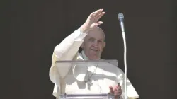 Papst Franziskus grüßt vom Apostolischen Palast einige Pilger beim Angelus-Gebet / Vatican Media