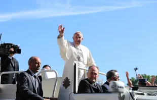 Papst Franziskus begrüßt Gläubige bei der Generalaudienz auf dem Petersplatz. / CNA/Daniel Ibanez