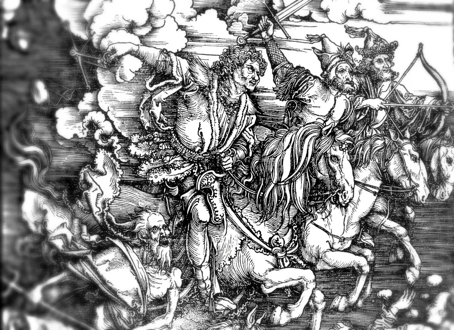 Die vier Reiter der Apokalypse, von Albrecht Dürer (Ausschnitt).