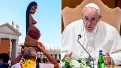 Die Holzfigur (links)  und Papst Franziskus beim Gespräch in der Synodenhalle / ACI Prensa // Daniel Ibanez / CNA Deutsch