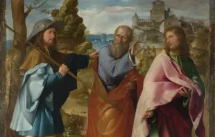 Christus und die Jünger auf dem Weg nach Emmaus (Gemälde von Altobello Melone) / gemeinfrei