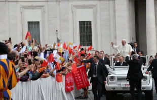 Papst Franziskus begrüßt Pilger auf dem Petersplatz zu einer Generalaudienz im Jahr 2016. / CNA/Daniel Ibanez