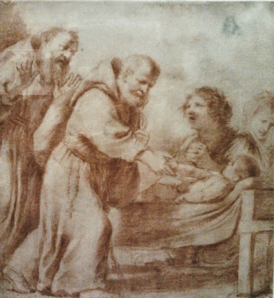 Felix von Cantalice erweckt ein totes Kind: Darstellung des Barock-Künstlers Guercino (17. Jahrhundert).
