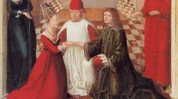 Weingartener Heilig-Blut-Tafel von 1489. Landesmuseum Württemberg, Stuttgart - Tafel 21: Judith von Flandern heiratete Welf IV. von Altdorf / gemeinfrei