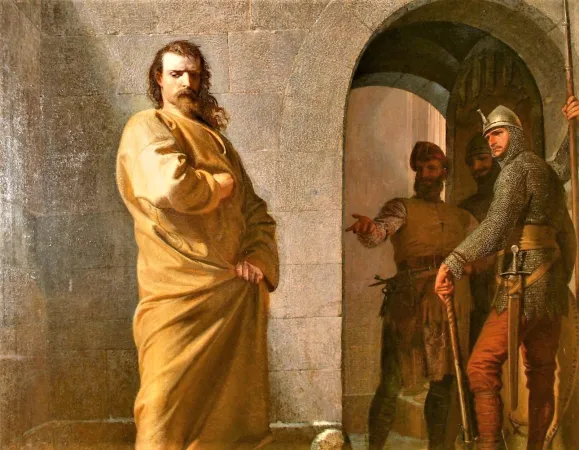 Das Historiengemälde "Heinrich vor Canossa" von Eduard Schwoiser aus dem Jahr 1862 zeigt einen ungebeugten, trotzigen König.