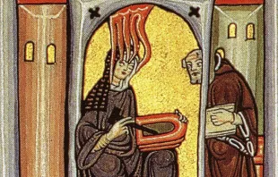 Hildegard von Bingen empfängt eine göttliche Inspiration und gibt sie an ihren Schreiber weiter / gemeinfrei