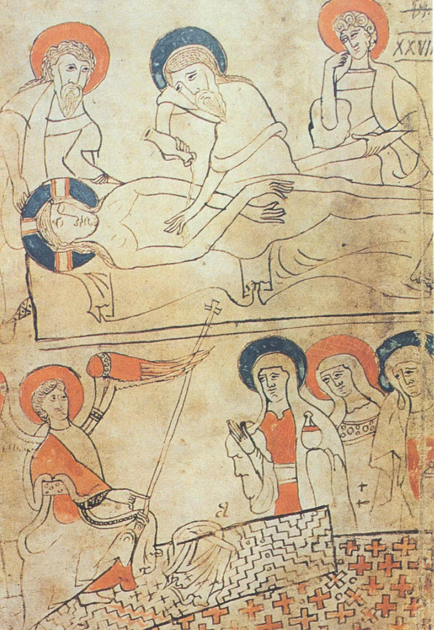 Im "Codex Pray" in Budapest erscheinen die Grabtücher Christi aus der Stunde Null der Christenheit um das Jahr 1180 erstmals fast realistisch gemeinsam im Bild.
