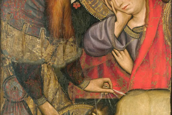 Josef von Arimathea und Johannes legen dem toten Jesus das Schweißtuch auf. Tafelbild von Joan Mates aus Barcelona aus dem Jahr 1429. / Wikimedia (CC0)