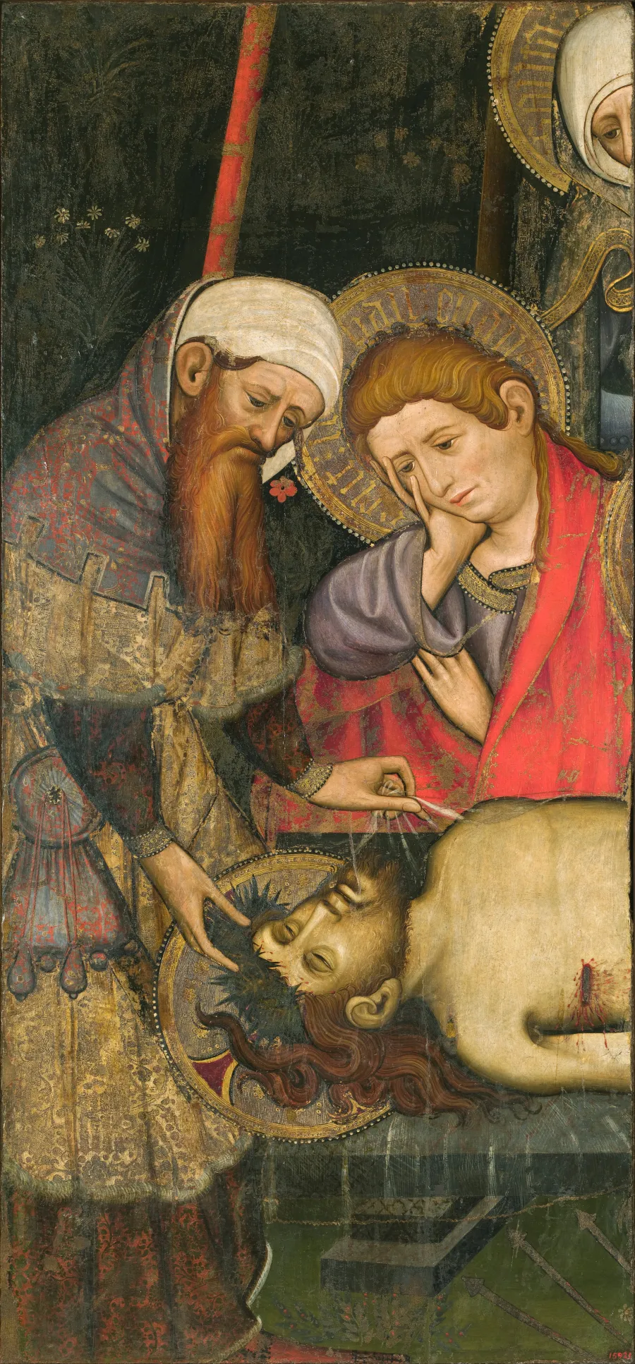 Josef von Arimathea und Johannes legen dem toten Jesus das Schweißtuch auf. Tafelbild von Joan Mates aus Barcelona aus dem Jahr 1429.