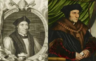 Die beiden Heiligen: John Fisher (links), dargestellt von Jacobus Houbraken (ca. 1760), und Thomas Morus, porträtiert von Hans Holbein dem Jüngeren (1527). / Gemeinfrei
