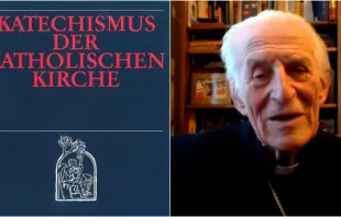 Der Katechismus in einer deutschen Ausgabe des Jahres 1993 und Kardinal Karlic. / CNA / Oldenbourg Wissenschaftsverlag / YouTube (Screenshot)