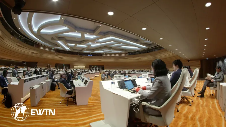 Der Konferenzraum mit dem Podium, auch "Arabischer Raum" genannt, bei der UN in Genf.
