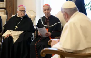 Papst Franziskus mit Mitgliedern des Päpstlichen Bibelinstituts am 20. April 2023 im Vatikan / Vatican Media