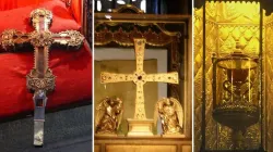 Von links: Reliquie des Lignum Crucis, Heiliges Grabtuch und Heiliger Kelch. 
 / ACI / Wikipedia / Public Domain.