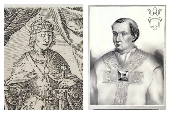 Selbst seine Armeen halfen König Lothar II. (links) nicht im Ringen mit dem Heiligen Papst Nikolaus dem Großen. 
