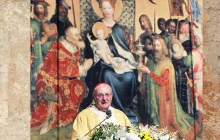 Kardinal Meisner spricht vor der Mariendarstellung auf dem geöffneten Altar der Stadtpatrone im Kölner Dom.  / Erzbistum Köln/Robert Boecker (Bild digital bearbeitet) 