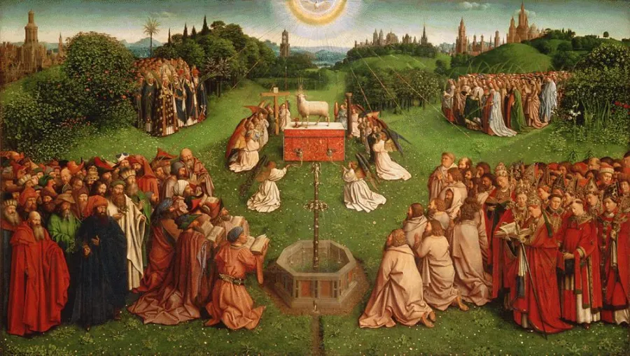 Anbetung des Lammes: Heilige Jungfrauen (rechts oben), Märtyrer des Klerus (links oben), Patriarchen (links) und Hirten der Kirche (rechts) scharen sich um Christus auf diesem Bild des Genter Altars.