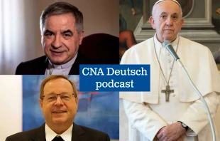 Im Uhrzeigersinn von links oben: Kardinal Angelo Becciu, Papst Franziskus, Bischof Georg Bätzing. / Daniel Ibanez / CNA Deutsch  // Vatican Media // Bistum Limburg