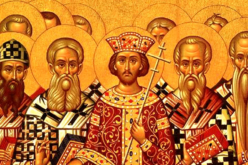 Ausschnitt des berühmten Symbolum Nicaeno-Constantinopolitanum, einer Ikone des Ersten Konzils von Nicäa. In der Mitte steht Kaiser Konstantin.
