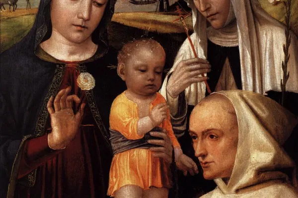 Ambrogio Bergognone schuf um 1490 dieses Gemälde, in dem die heilige Katharina mit einem Kruzifix, die Muttergottes mit einer Nelke, und der Selige Karthäuser Stefano Marconi um das Jesuskind gruppiert sind.
 / (CC0) 