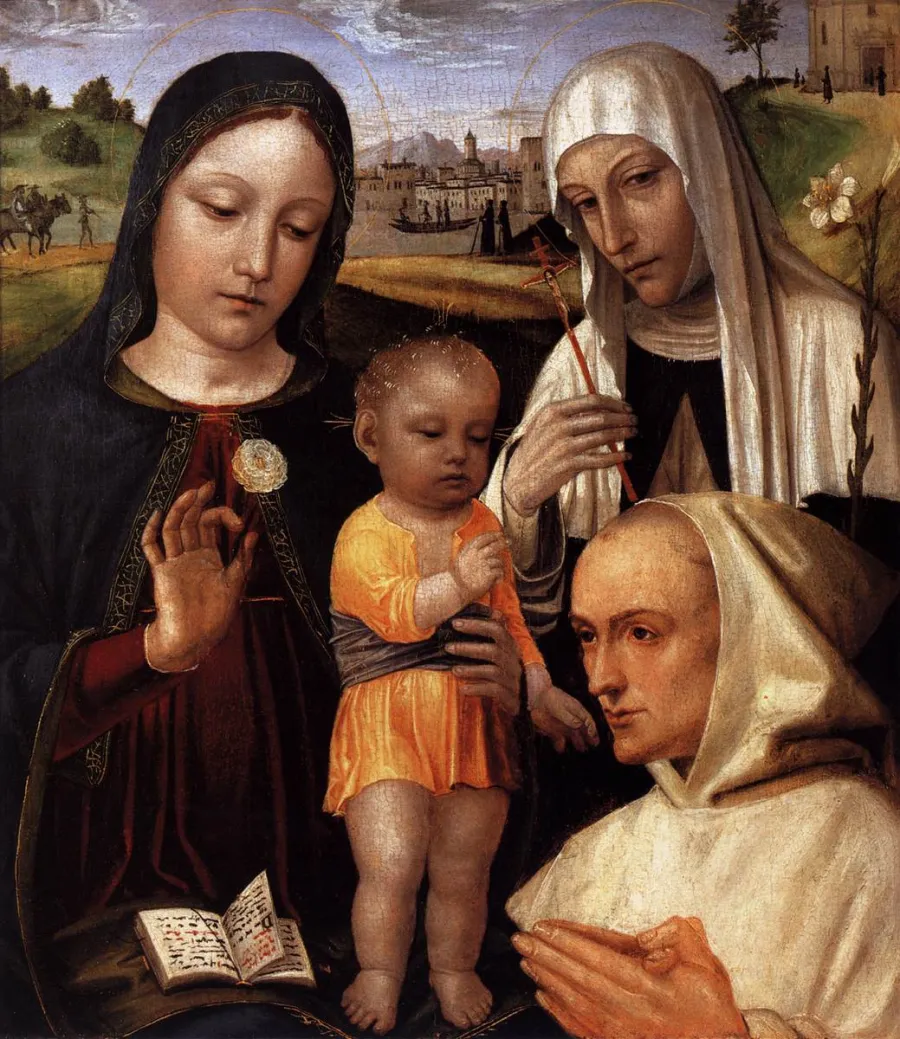 Ambrogio Bergognone schuf um 1490 dieses Gemälde, in dem die heilige Katharina mit einem Kruzifix, die Muttergottes mit einer Nelke, und der Selige Karthäuser Stefano Marconi um das Jesuskind gruppiert sind.
