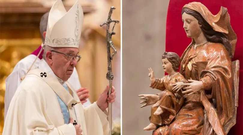 Papst Franziskus am Hochfest der Muttergottes und seligen Jungfrau Maria, 1. Januar 2018 – und die prominente Darstellung Mariens mit dem Jesuskind im Petersdom.