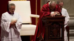 Papst Franziskus kniet im Gebet bei der Karfreitagsliturgie im Petersdom am 30. März 2018 / CNA Deutsch / Daniel Ibanez
